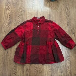 Buykud Red Black Plaid Button-Up Blouse Oversized Lagenlook peplum linen blend